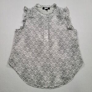 Women's DKNY Chevron Ruffle Sleeveless Blouse, Metallic Gray,‎ Large, Pre-Owned